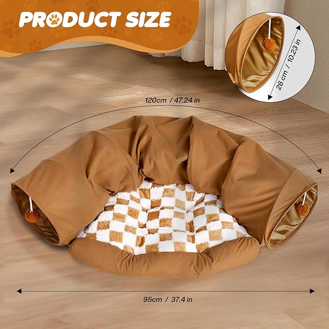 Spardar Bunny Tunnel Bed, 2-in-1 Collapsible Tunnel Tubes Toys, Washable, with Removable Mat Hideout, Interactive Toys for Rabbits Chinchilla Hedgehog Guinea Pigs Kitty, Khaki