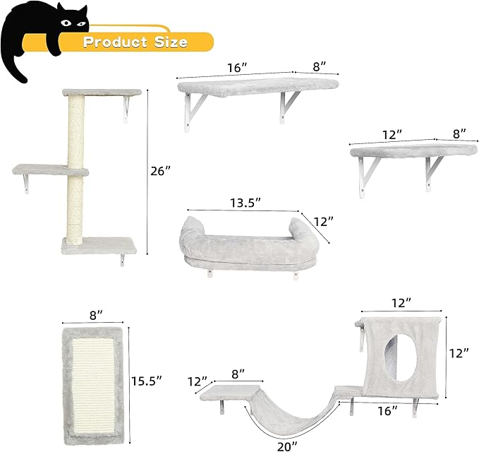 NUNU LAB Cat Wall Shelves, Cat Walls Mounted Climber Set, 6-in-1 Cat Climbing Furniture, Cat Scratching Post, Cat House, Cat Bridge, Cat Steps, Cat Climb Board & Cat Hammock, for Indoor Drywall, Gray