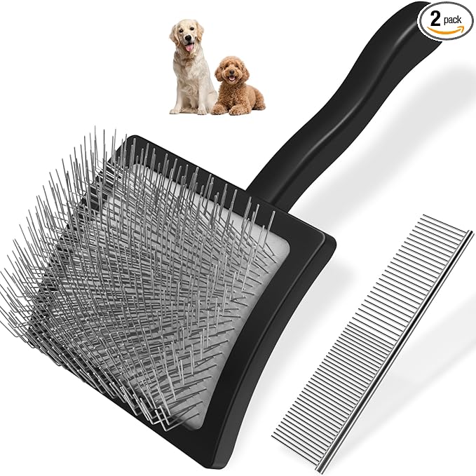 2PCS Slicker Brush for Dogs & Pet Comb,Professional Dog Grooming Brush (Goldendoodles,Poodles,Labradoodles) with Extra Long Pins to Effectively Remove Tangles, Knots and Mats (Black, Large)