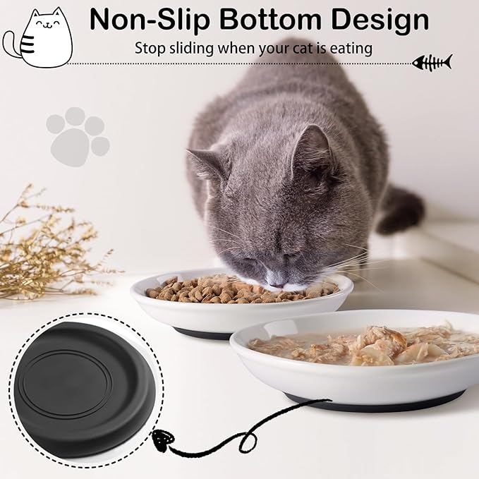 WROSWT Cat Food Bowl,Healthy Ceramic Cat Bowls for Indoor Cats,Anti Whisker Fatigue Cats Dishes Set,Shallow Wide Kitten Plates for Food and Water,Non-Slip Silicone Bottom,6 Pack