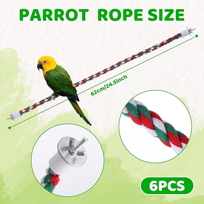 Novabright 6Pcs 24.5 Inch Bird Rope Perch Stand Bendable Large Bird Swing Perch Parrot Climbing Standing Toys Cage Accessories for Parakeet, Cockatiel, Budgie, Lovebirds