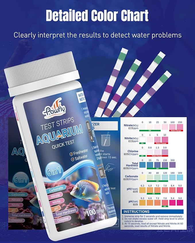 Pawfly 100 Pcs Aquarium Test Strips 6 in 1 Digital Water Testing Kit, Fish Tank Testing Strips for pH Nitrate Nitrite Chlorine Total Hardness & Carbonate, Fresh/Salt Aquarium Water Test Kit