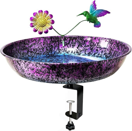 Deck Bird Bath for Outdoors, 11 Inch Colorful Purple/Blue Metal Birdbath Bowl Adjustable Steel Clamp Mounted Garden Bird Bath Feeder for Railing Balcony Outdoor Decor Yard Art