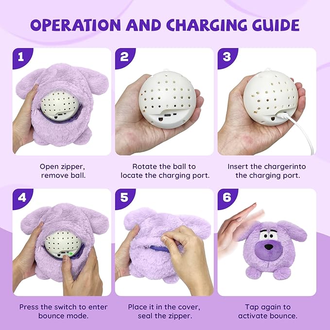Moving Dog Ball, Jumping Squeaky Interactive Dog Toys, Plush Chew Toys for Medium/Large Dogs, USB Rechargeable (Purple)