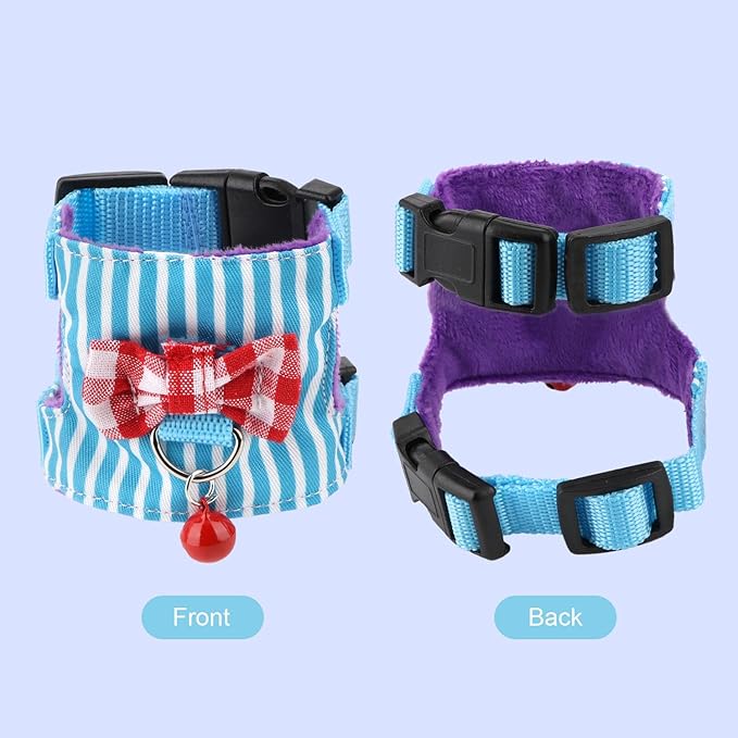 Wontee Small Pet Harness Vest and Leash Set with Bowknot and Bell Decor for Gerbil Guinea Pig Squirrel Kitten Outdoor Walking (S, Blue Stripe)