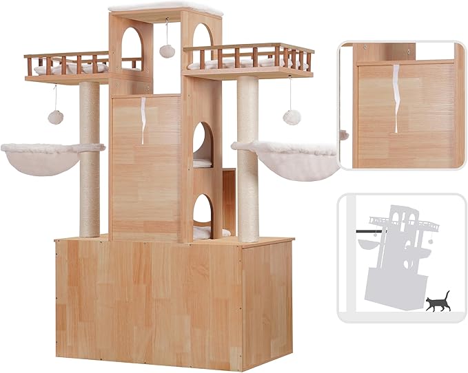 Heybly Cat Tree with Litter Box Enclosure for Indoor Big Cat, Cat Tower for Large Cats 20lbs Heavy Duty, Modern Cat Condo Furniture with Scratching Posts, Walnut HCT110WB