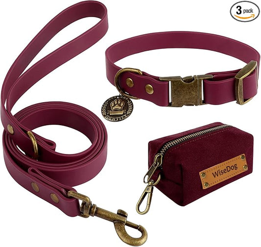 Wisedog Waterproof Dog Collar and Leash Set, S, Burgundy | Adjustable Puppy Collar, Cute Tag, 4FT Dog Leash, Includes Poop Bag, For Small Medium Large Dogs