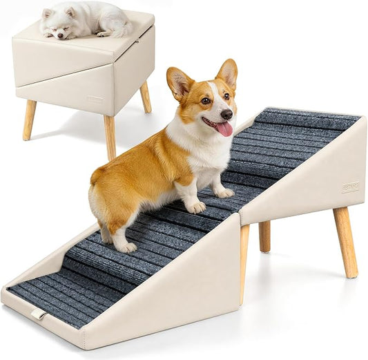 17" H Dog Stairs for Small Dogs – 4-Step Non-Slip Dog Ramp for Couch, Foldable 2-in-1 Pet Stairs & Ottoman, Upgraded Pet Steps for Puppies, Senior Dogs & Injured Pets, Solid Wood Frame (Beige)