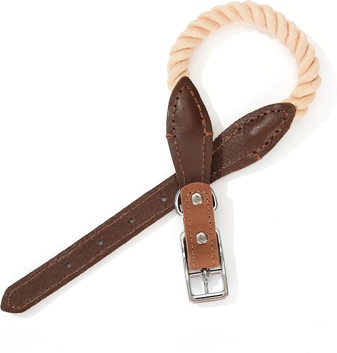 Mile High Life Genuine Leather Dog Collar, Durable Braided Cotton Rope Collar with Metal Pin Buckle for Small Medium Large Dogs (Light Brown, M Neck 15"-18")