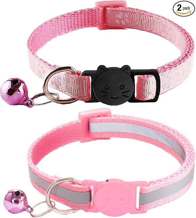 2 Pack Breakaway Cat Collars with Bells, Reflective Design and Claw Print Design, Safety Buckle Kitten Collars Adjustable from 7.5 to 12.5 Inches (Pink)