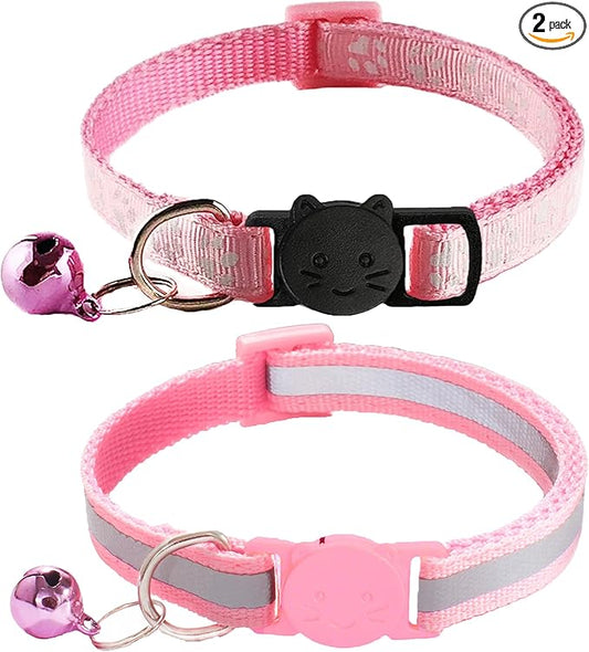 2 Pack Breakaway Cat Collars with Bells, Reflective Design and Claw Print Design, Safety Buckle Kitten Collars Adjustable from 7.5 to 12.5 Inches (Pink)