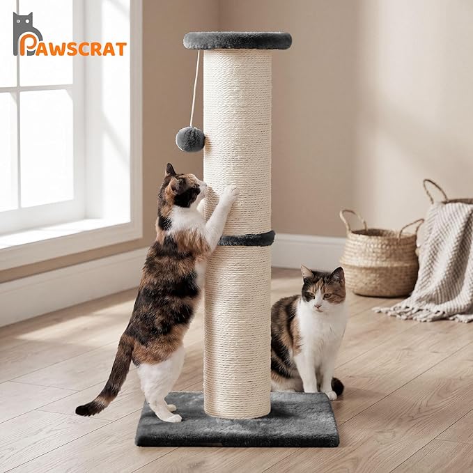PAWSCRAT Cat Scratching Post 32" Tall, Large Diameter Natural Sisal Cat Scratch Post with Dangling Ball, Scratch-Resistant and Durable Tall Cat Scratcher for Indoor Cats, Protect Your Furniture, Grey