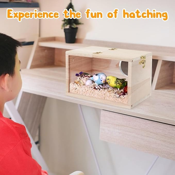Natural Wood Nesting Box for Parakeet Birds Transparent Design Breeding Box with Perch Wood Bird Cage House for Cockatiel Lovebirds Budgie Finch Parrotlets Canary (X-Large)