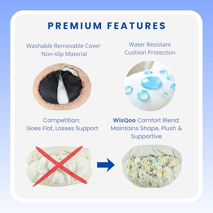 Calming Pet Bed with Water-Resistant Inner Liner – Anti-Anxiety Donut Dog & Cat Bed with Removable Washable Cover – Supportive Plush Nest, Non-Slip & Cushion Protection – Medium, Beige
