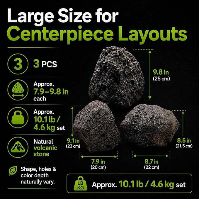 8–10 Inches Natural Black Lava Rocks, 3 PCS Large Aquarium Stones for Aquascaping, Fish Tank Centerpiece Decor, Planted Tanks, Terrariums & Reptile Habitats (Large 8–10 in)