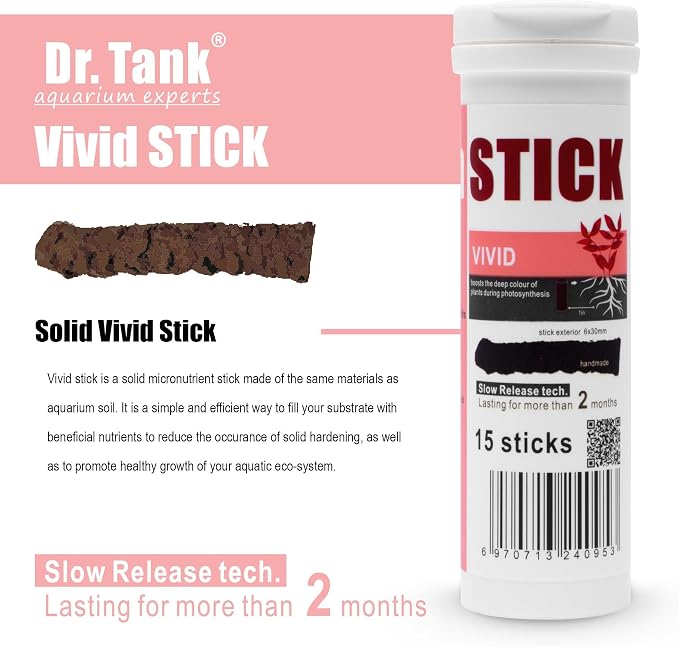Dr. Tank Bottom Stick - Aquarium Plant Fertilizer Sticks for Aquatic Plants, Substrate Nutrients for Freshwater & Planted Tanks, Slow-Release Nutrients for Plant Growth, 15 Sticks - Vivid Stick
