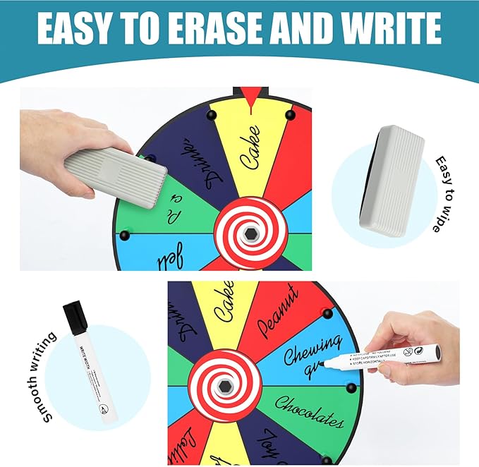 12 Inch 10 Slot Prize Wheel, Spinning Wheel for Prize, Prize Wheel Spinner with Stand, Tabletop Spinner Wheel with Dry Erase Markers and Eraser, Carnival Spin Wheel for Trade Show, Fortune Spin Game