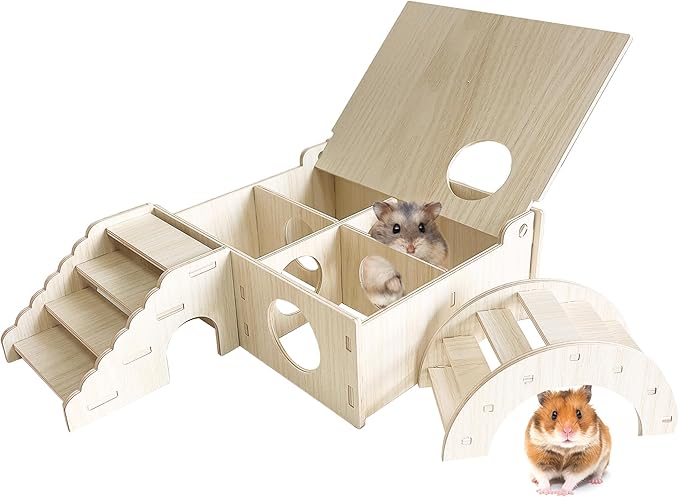 kathson Wooden Hamster Maze Tunnel Toy with Cover, Wooden Hamster Hideout Multi Chamber Exploring Toy Small Animal Tubes & Tunnels for Gerbil Rat Mice