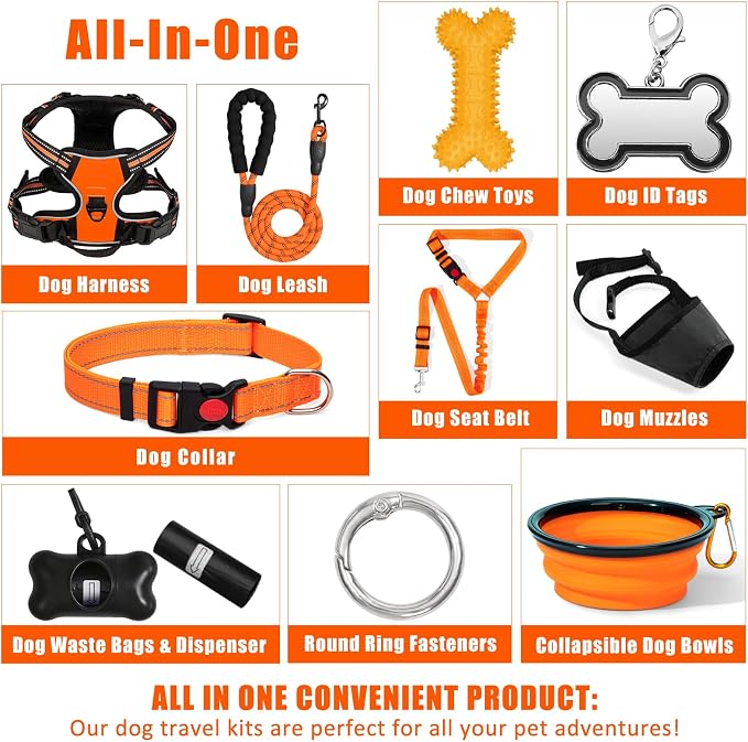 No Pull Dog Harness Adjustable Collar & Leash Set - Dog Halter Harnesses Collapsible Bowls & Poop Bag Dispenser Muzzle ID Tags Toys Fits Small Medium Large Dogs (Orange-XL)