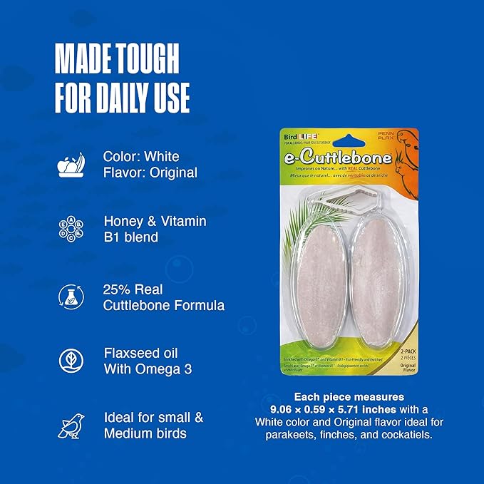 Penn-Plax Bird-Life E-Cuttlebone Original, 1 Pk (2 Counts) - Durable, Less Brittle Cuttlebones Enriched with Omega 3, Honey & Vitamin B1 - Easy Mounting, Cage Clip - Great for All Bird Sizes - White