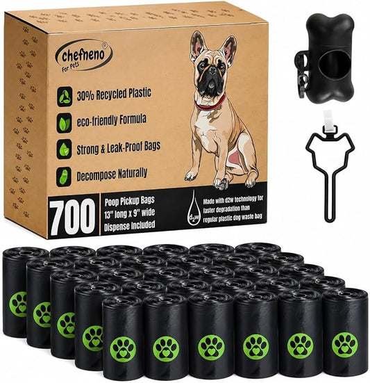 Dog Poop Biodegradable Black Bags with Dispenser (700 Bags) Eco-friendly doggy poop bags Pickup Bag 35 Refill Rolls Eco Dog Waste Bags Cat Litter Clamps & Poop Bags (35 Rolls, Uscented)
