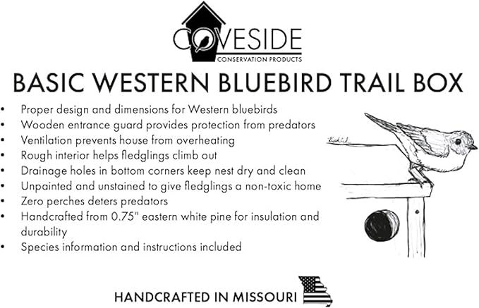 Coveside Basic Western Bluebird Trail Box | Durable Pine Birdhouse with 1.5625" Predator Guarded Entry, Ventilation & Drainage | Eco-Friendly Wooden Nest Box for Bluebirds | Made in USA