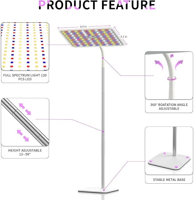 18W Grow Lights for Indoor Plants with Stand, Full Spectrum LED Plant Light for Indoor Plants,12-59 Inches Height Adjustable Growing Lamp with Auto On/Off Timer 4H/8H/12H, 4 Dimmable Brightnes | 120 LEDs Full Spectrum Plants Growing Light, 12-60" Heigh...