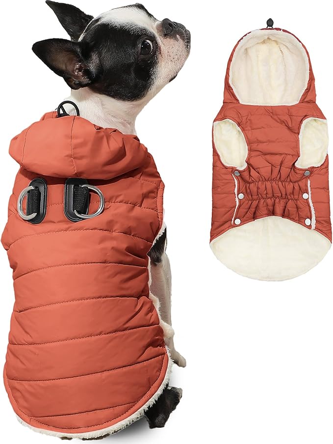 Vecomfy Fleece Lining Dog Hoodie with Harness Built in,Extra Warm Small Dog Jacket in Winter Puppy Coats with Drawstring Hooded,Orange S