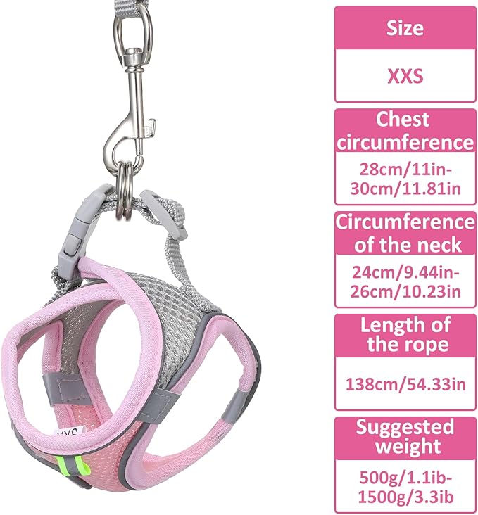 Bunny Harness and Leash Set Breathable Pet Rabbit Harness and Leash Set Soft Rabbit Leashes Reflective Strips Jacket Escape-Proof Walking Gear for Rabbits, Small Kitten, Puppy, Guinea Pigs (Pink,S)