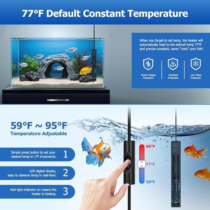 fishkeeper Adjustable Fish Tank Heater 200W/300W for 1-80 Gallon Aquariums | Explosion Proof Submersible Aquarium Heater with LED Digital Display and Overheat Protection for Saltwater & Freshwater Tanks