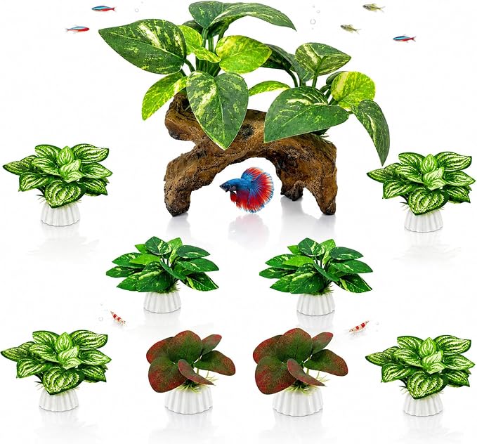 9-Pack Silk Aquarium Plants & Driftwood Cave Fish Tank Decor Accessories | Soft Silk Plants Aquarium Decorations, Fish-Friendly, Small Fish Tank Decorations for Betta, Shrimp, Cichlid Tank & Reptiles