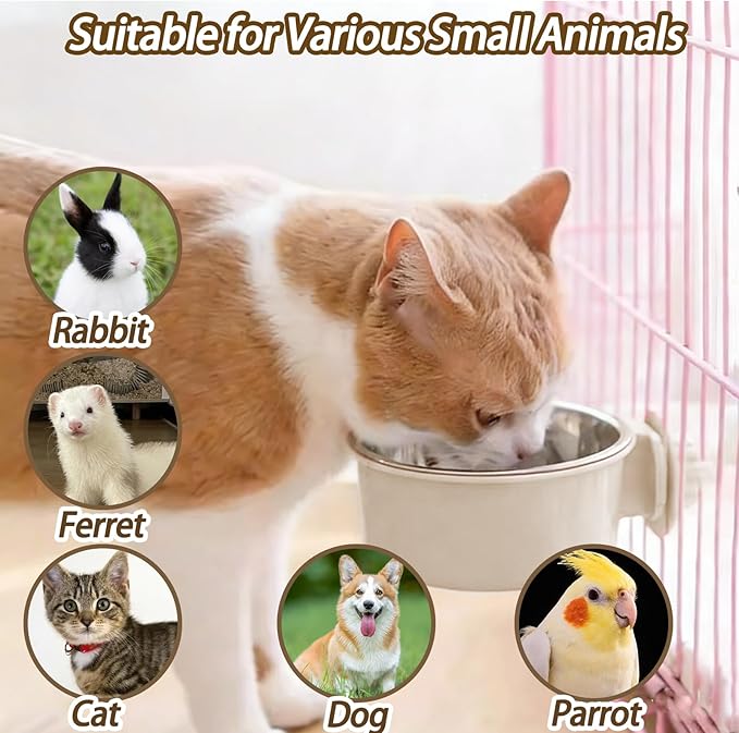 kathson Lightweight Stainless Steel Pet Bowls, Removable Crate Dog Bowl Hanging Pet Food Water Feeder Bowl, Cage Coop Cup for Puppy Cat Rabbit Ferret Birds Guinea Pigs (4pcs)