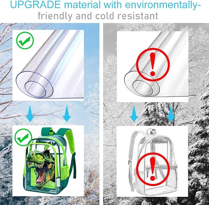 16" Dinosaur Clear Backpack for Boys - 3Pcs School Stadium Approved Transparent Set, Campus See Through Bookbag with Lunch Box (Green)