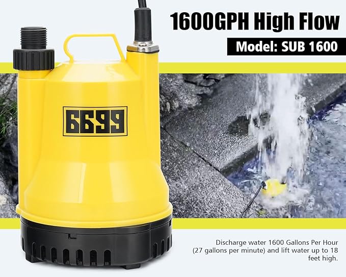 Submersible Water Pump 1/4 HP 1600GPH Thermoplastic Utility Pump Electric Portable Transfer Water Pump with 10-Foot Cord for Pool Tub Garden Pond Draining