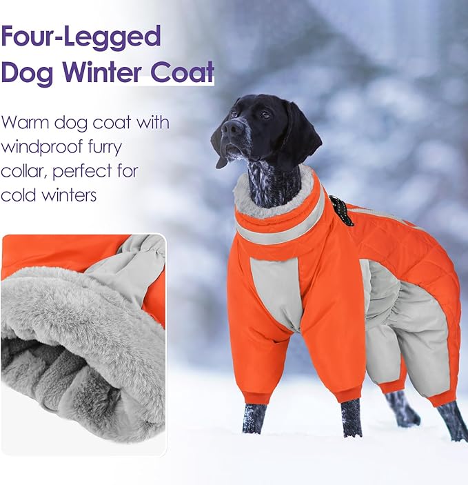 Full Body Dog Coat - Warm Fleece Jacket for Large Dogs, Turtleneck Winter Coats with Harness, Reflective Dog Snowsuit Windproof Puffer Jackets with Legs for Weimaraner, Orange XL