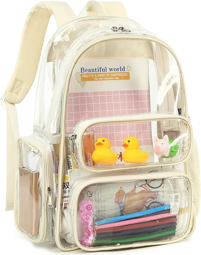 CAMTOP Clear Backpack Heavy Duty Transparent Bag for Stadium Events See Through BookBag for Student School Work Festival Sport Travel (Beige)