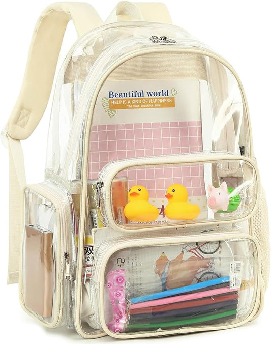 CAMTOP Clear Backpack Heavy Duty Transparent Bag for Stadium Events See Through BookBag for Student School Work Festival Sport Travel (Beige)