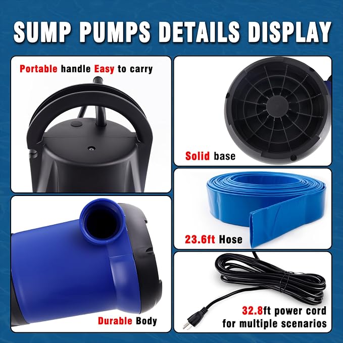 1.2HP Submersible Water Pump, 4000GPH Water Pump for Clean Water | Portable Transfer Pump with 32.8ft Cord and 23.6ft Hose for Swimming Pool、Crop irrigation、Water supply for food trucks & RVs