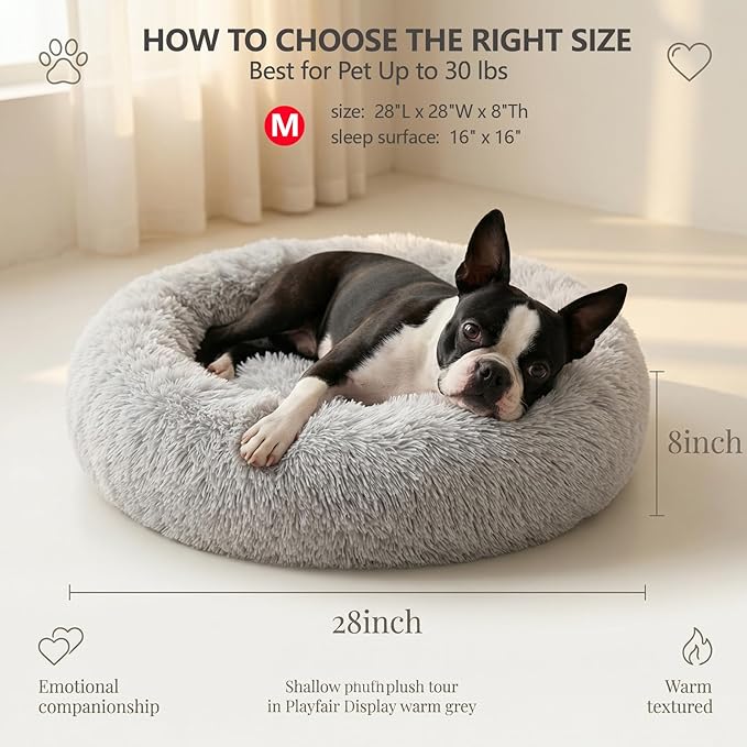 Calming Dog Bed for Medium Dogs Washable Donut 28 inches Anti-Slip Pet Bed,Round Fluffy Plush Faux Fur Cat Bed,Fits up to 40 lbs Pets,Frost Grey