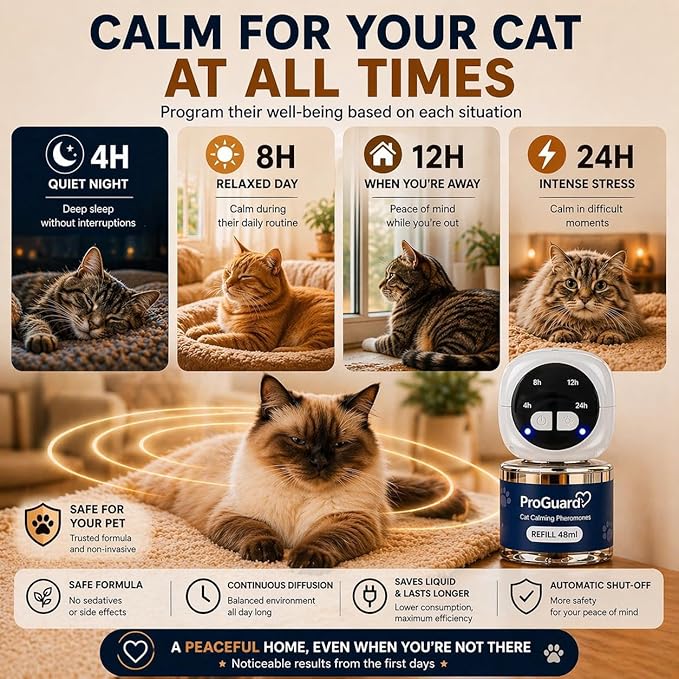 ProGuard® Cat Calming Diffuser Kit with Timer – Advanced Support to Reduce Stress, Spraying, Scratching, Fighting and Hiding – Cat Pheromone Diffuser 9-in-1 with 3 Diffusers with Timer + 6 Refills