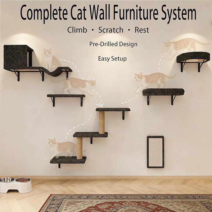 Cat Wall Shelves, 10-Piece Complete Cat Wall Furniture System with Perches and Scratching Posts, Stable Floating Climbing Set for Large Indoor Cats, Space Saving Kitty Furniture - Dark Gray