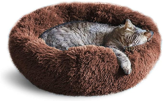 Whiskers & Friends Cat Beds for Indoor Cats, Fluffy Calming Donut Cat Bed, Small Dog Bed Washable - Orthopedic Soft Plush Pet Beds Sized for Kitten to Large Cats & Puppy to Small Dogs, Chocolate Brown