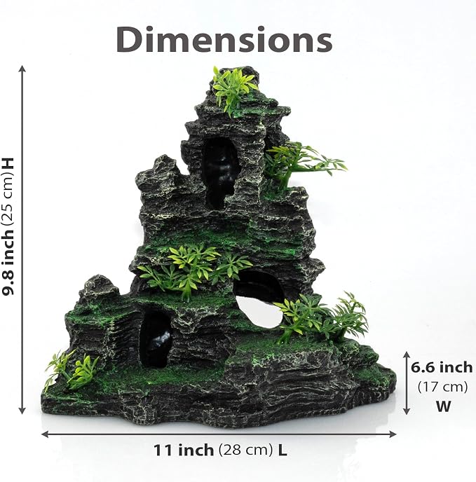 Aquarium Mountain View Stone Ornament, Large Resin Hideout Cave for Betta & Shrimp, Fish Tank Decor Rock Cave with Fish Cave and Hideouts (11.02" x 6.69" x 9.84")