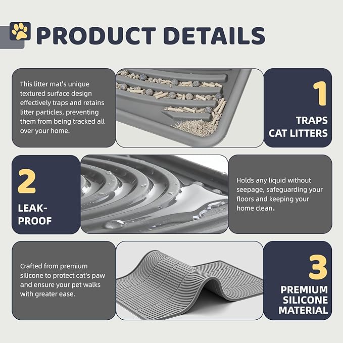 Cat Litter Mat 40"x28" - Soft Silicone & Leak-Proof Large Litter Mat, Non-Slip Cat Litter Trapping Mat for Multiple Cats, Easy to Clean & Durable for All Types (Gray)