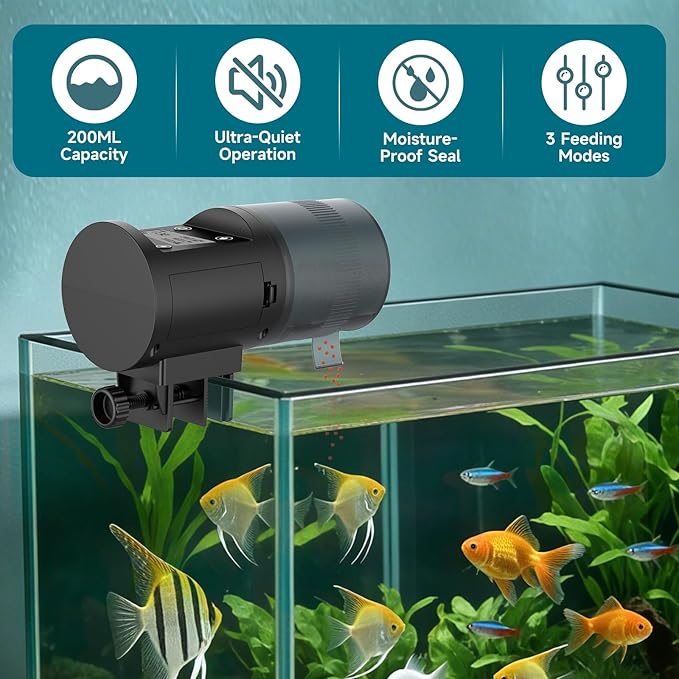 AQQA Automatic Fish Feeder for Aquarium, 200ml Large Capacity Moisture-Proof Fish Feeder Automatic Dispenser with LCD Timer, Battery Operated Auto Fish Feeder for Betta, Turtle, Fish, Koi, Small Tank