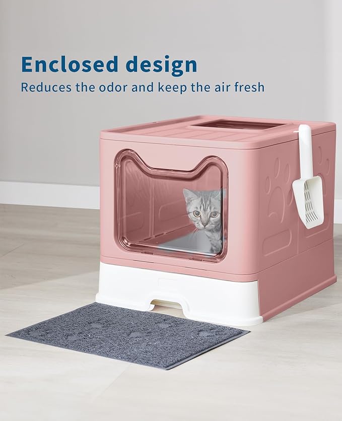 Medario Cat Litter Box with Litter Mat and Scoop, Large Covered Litter Box with Lid, Enclosed Kitty Box, Front Entry Top Exit, Odor Control, Easy to Clean (Pink)