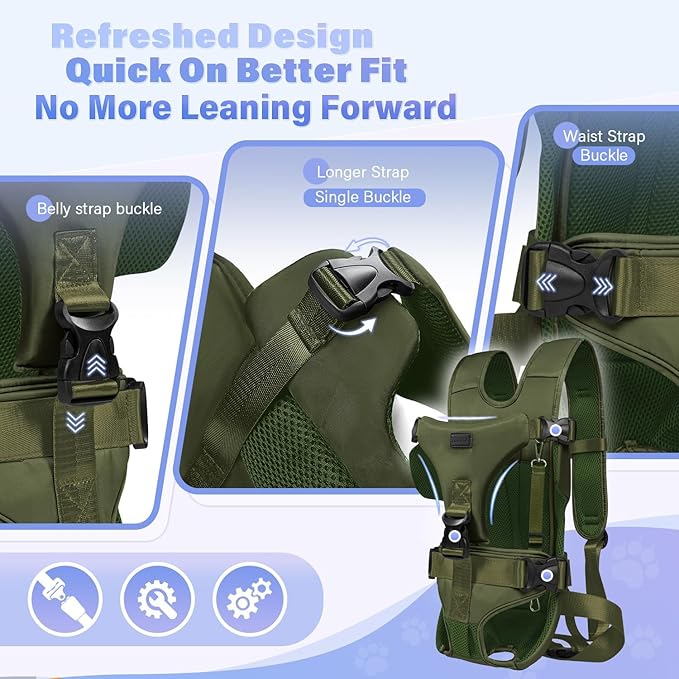 YUDODO Front Pet Carrier Backpack for Small Dogs and Cats, Secure and Breathable Mesh, Ergonomic Support, Adjustable for Walking, Hiking, or Travel (Army Green-Pro S)