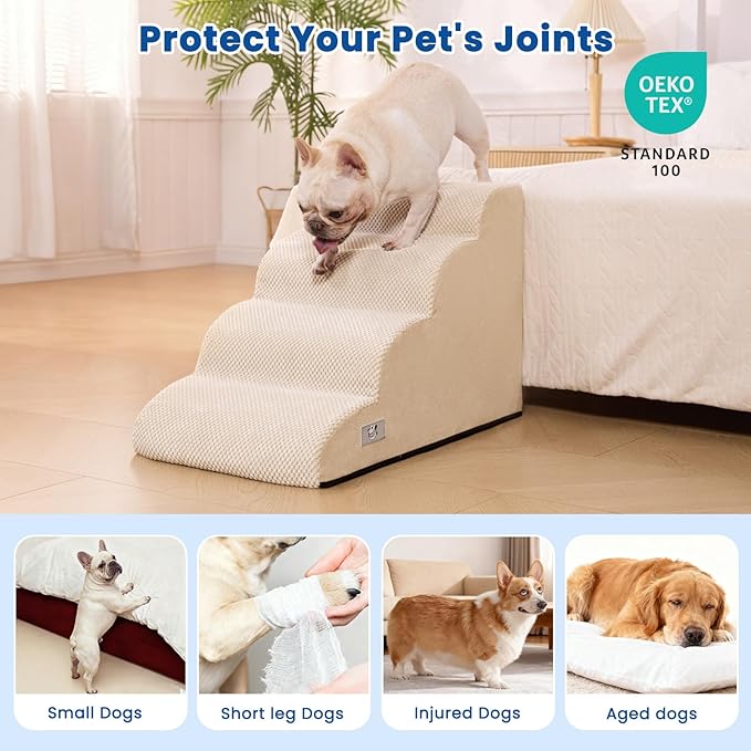 Airpanda Dog Steps for Bed, 4 Step Pet Stairs for Small and Medium Dogs, Non-Slip Dog Ramp with Washable Cover, High-Density Support Foam for Easy Climbing,Beige