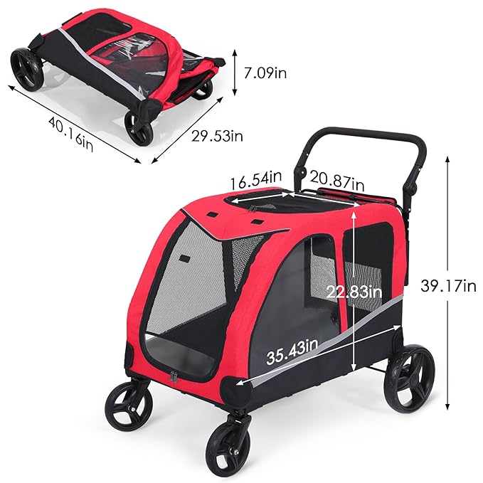 Saudism Stroller for Large Dogs, Extra Large Pet Stroller for Medium 2 Dogs, Dog Wagon, Dog Carriage, Foldable Design, Adjustable Handle, with Pocket, Up to 160 lbs, Red