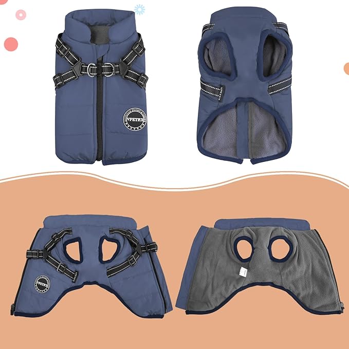 Dog Winter Coat,Warm Pet Jacket Paded Fleece Vest with Built in Harness, Windproof Reflective Cozy Adjustable Snow Pet Coat Clothes with Zipper for Small Medium Large Dogs
